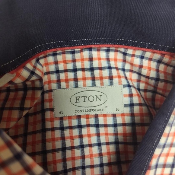 Eton Shirt Mens 16 41 Orange Blue Check Contemporary Fit Dress Button Up - Picture 6 of 12